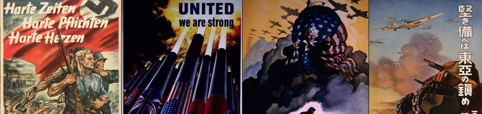 Colorful montage of four WWII propaganda posters