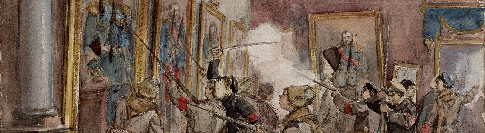 detail of a watercolor by Ivan Vladimirov of Bolshevik soldiers destroying a palace