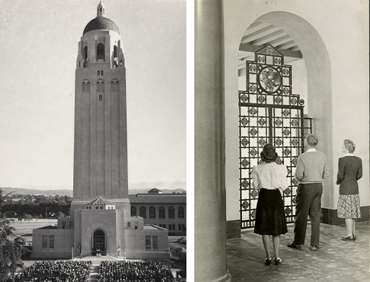 An exterior and interior photo of Hoover Tower circa 1940