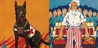 digitized poster images of illustrated dog and modern uncle sam standing with a group of women in blue dresses
