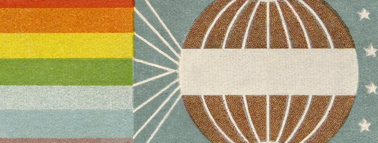 colorful image detail of a peace stamp, with rainbow horizontal bars at left and a brown and white globe on a blue field