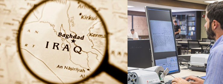 Photo montage of a image of a magnifying glass highlighting Baghdad, Iraq, and a image of a researcher looking at digital collections