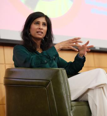 IMF First Managing Deputy Director Gita speaks about risks to global trade and the eroding dominance of the US dollar at Stanford University on May 7, 2024. (Ryan Zhang)