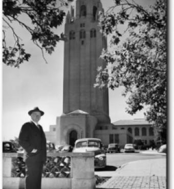 Former president Herbert Hoover poses with his namesake tower in August 1951.