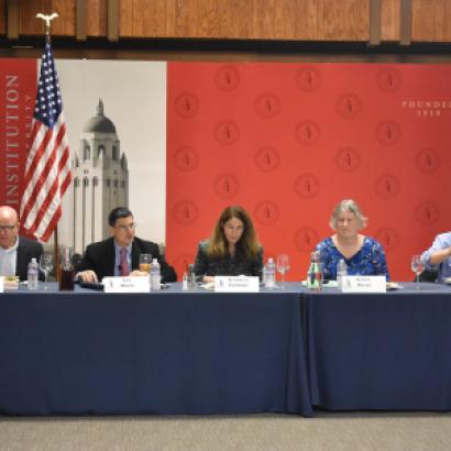 Image of Hoover research fellow Alice Miller (second from right) and distinguished visiting fellow Elizabeth Economy (middle) at the Taiwan Relations Act roundtable discussion.