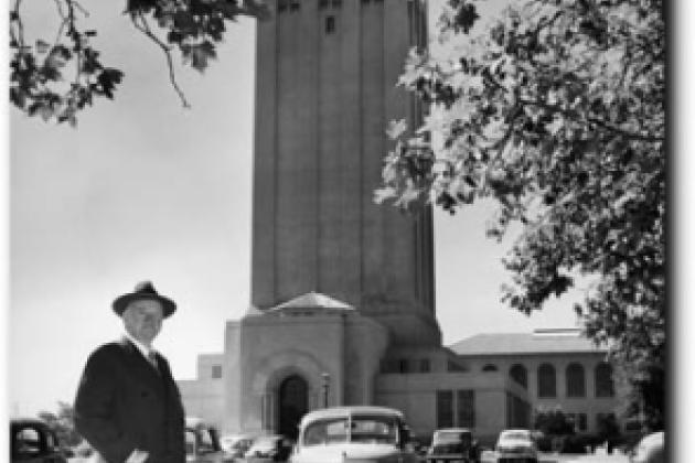 Former president Herbert Hoover poses with his namesake tower in August 1951.