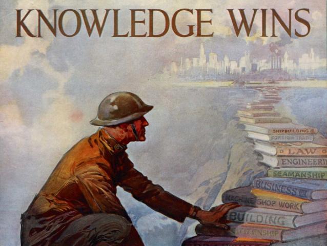 Knowledge Wins soldier climbing a stack of books