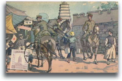 A postcard shows mounted Japanese soldiers being greeted warmly by Chinese civilians in the puppet state of Manchukuo.