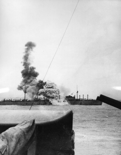 A torpedo from the German pocket battleship Graf Spee spells doom for the liner Doric Star in December 1939.