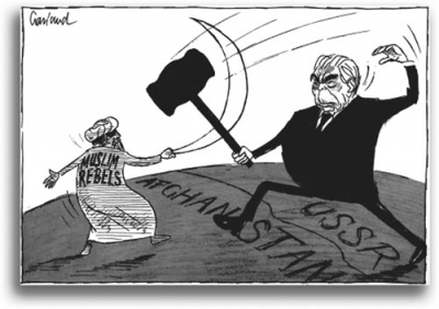 “Muslim Rebels” duel with Soviet leader Leonid Brezhnev in this 1980 cartoon