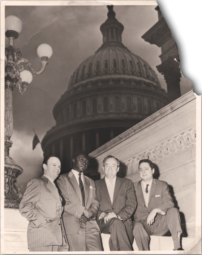 Civil rights activist George Houser, Tom Mboya, Senator Hubert Humphrey, and Bill Scheinman