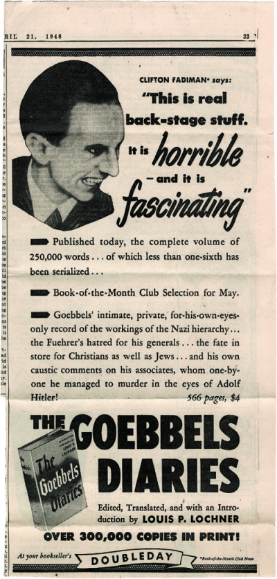 newspaper ad for the newly released Goebbels Diaries
