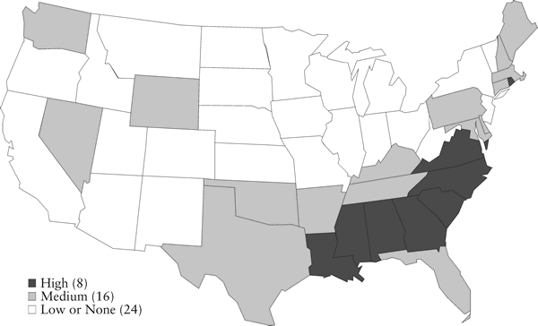 Figure 3: Franchise Restrictions in the United States in 1910