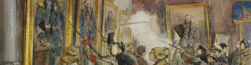 Detail of a colorful watercolor by Vladimirov showing a scene from the Russian Revolution