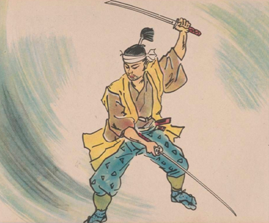 kamishibai card illustration showing a samurai weilding two swords.