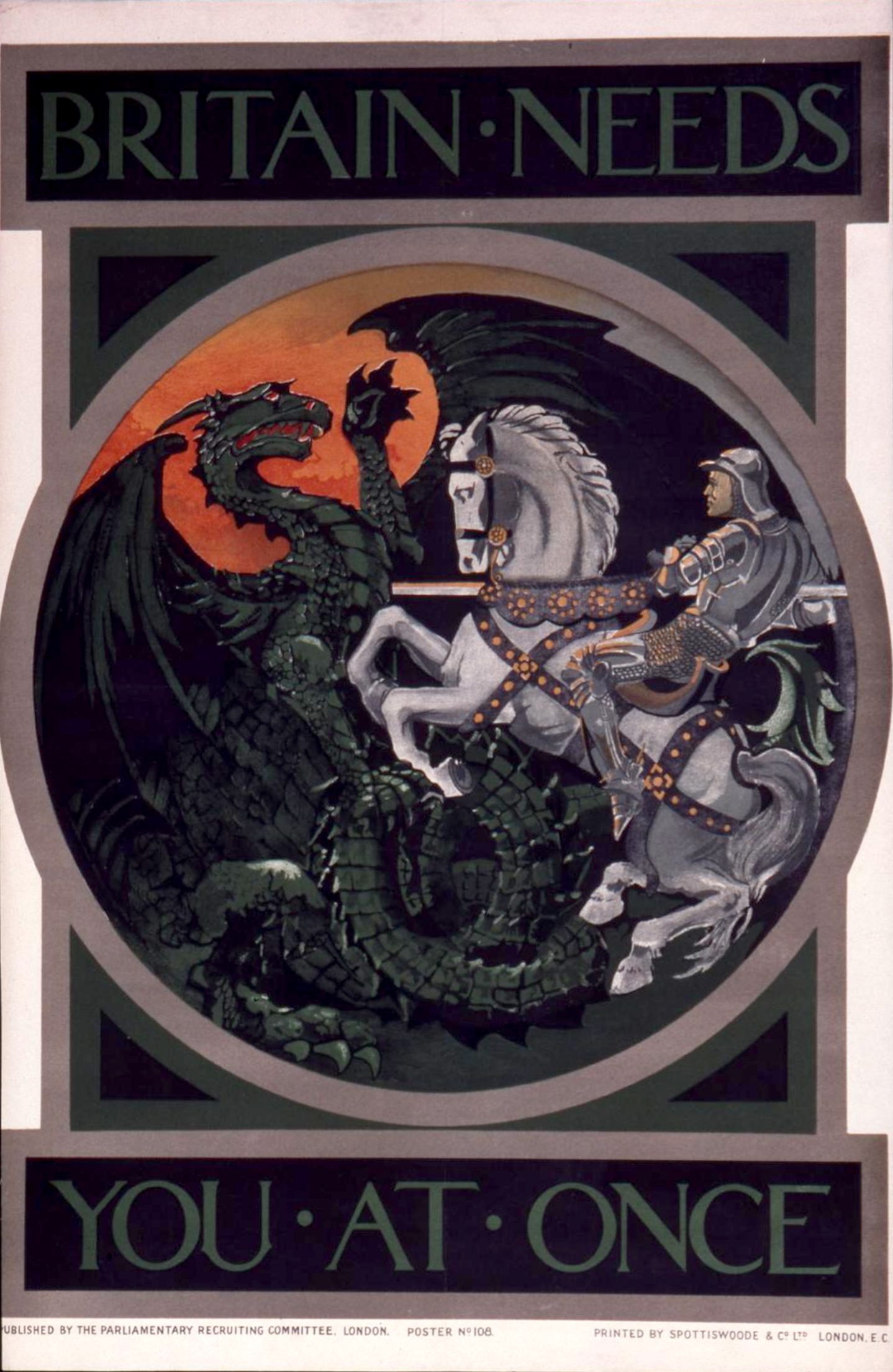 Poster Collection UK 184 showing a knight on a white horse slaying a dragon surrounded by the text "Britain Need You At Once"