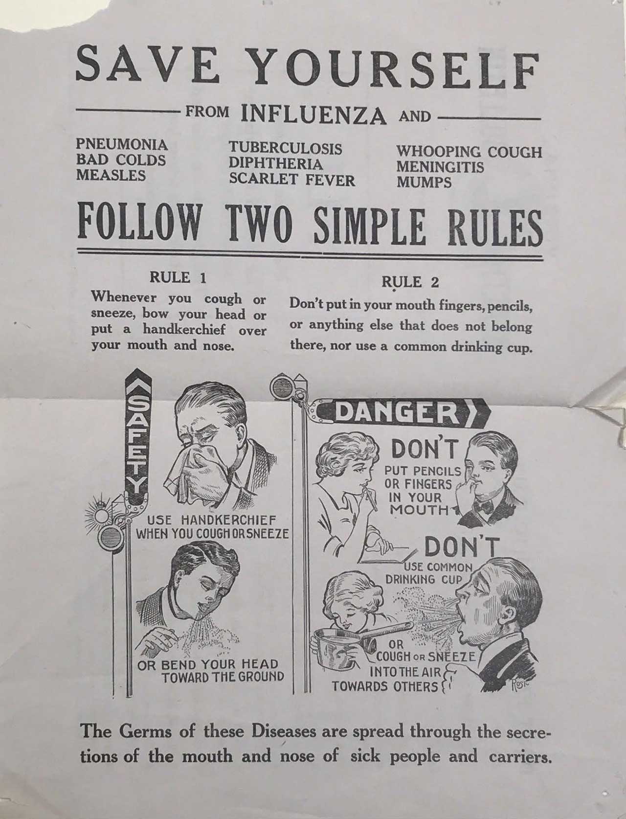 Scan of black and white pamphlet from the Virginia Health Bulletin September 1919 Save Yourself from Influenza