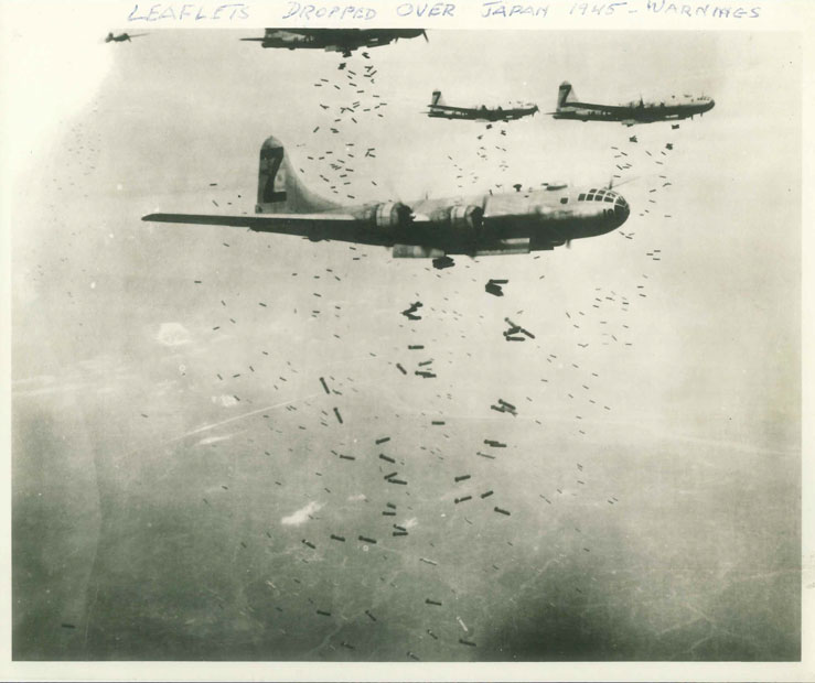 Photograph of B-29 bombers dropping leaflets over Japan 1945