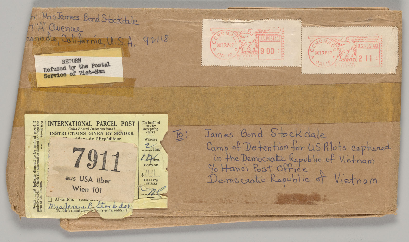 Stamped brown envelope from Sybil Stockdale to James B. Stockdale