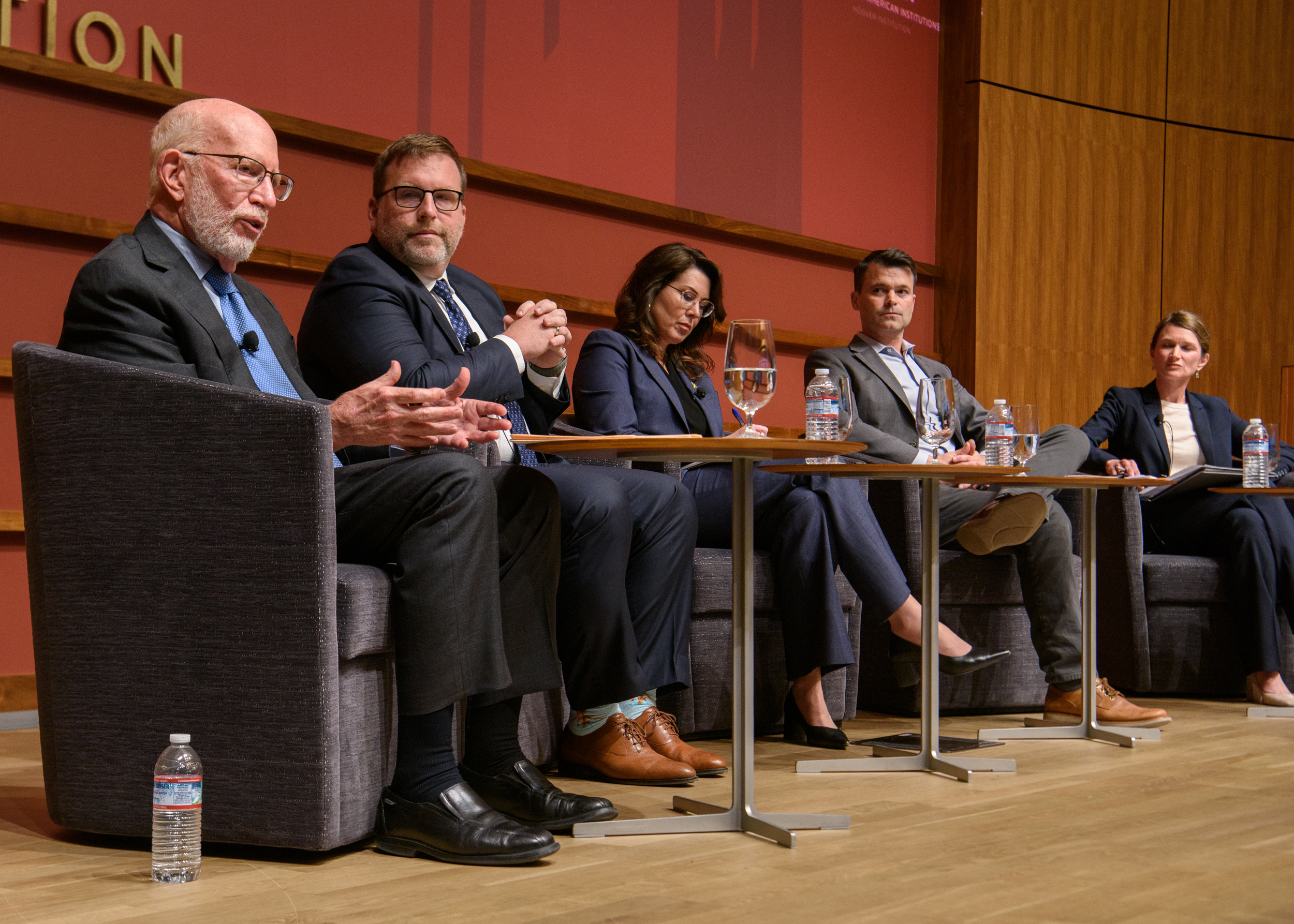 A panel convened on administration and trust in elections. Left to right: Benjamin Ginsberg, Justin Grimmer, Deidre Henderson, Rob Willer, and Sarah Anzia. (Patrick Beaudouin, 2023)