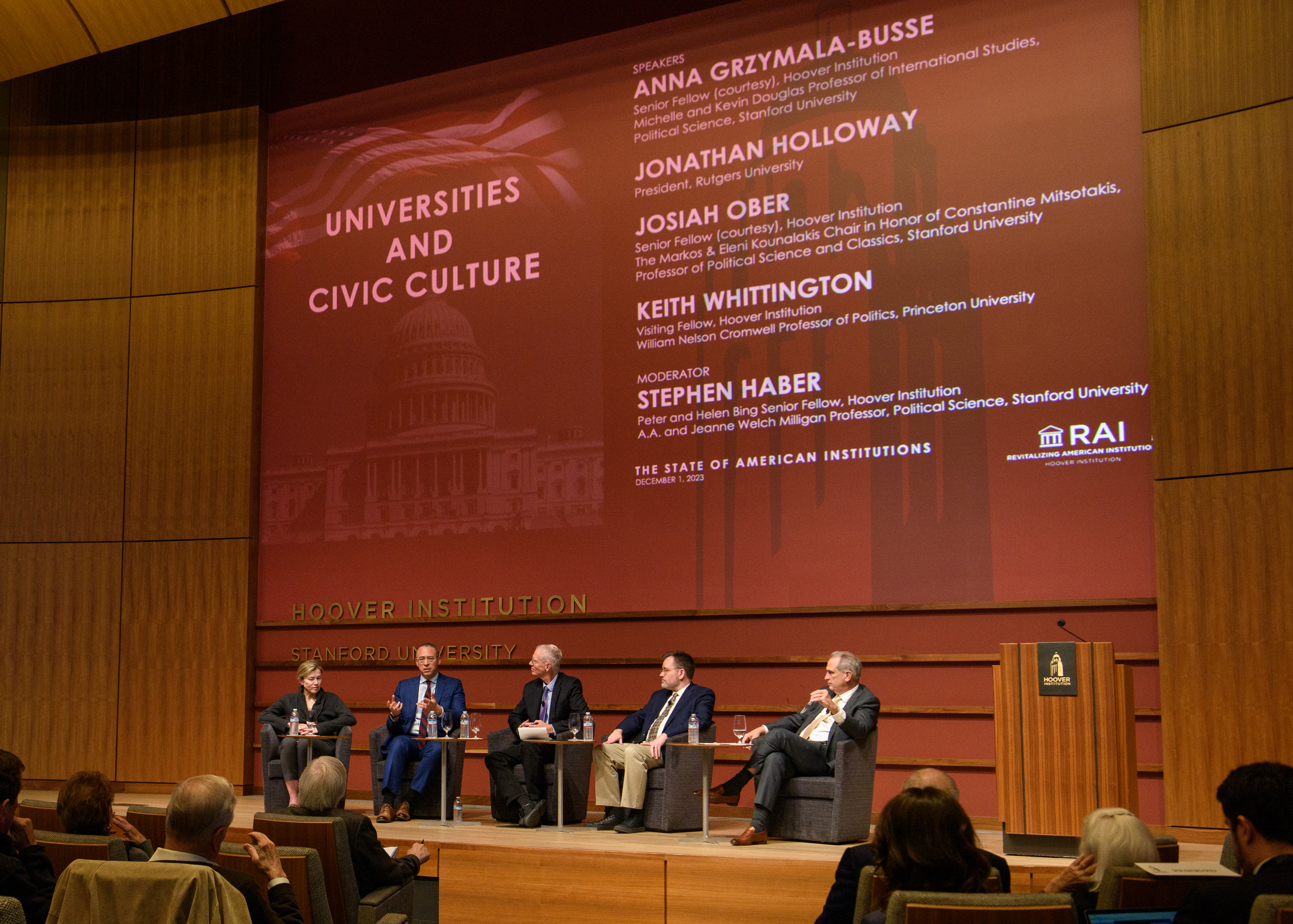 A panel convened on universities and civic culture. Left to right: Anna Gryzmala-Busse, Jonathan Holloway, Keith Whittington, and Stephen Haber. (Patrick Beaudouin, 2023)