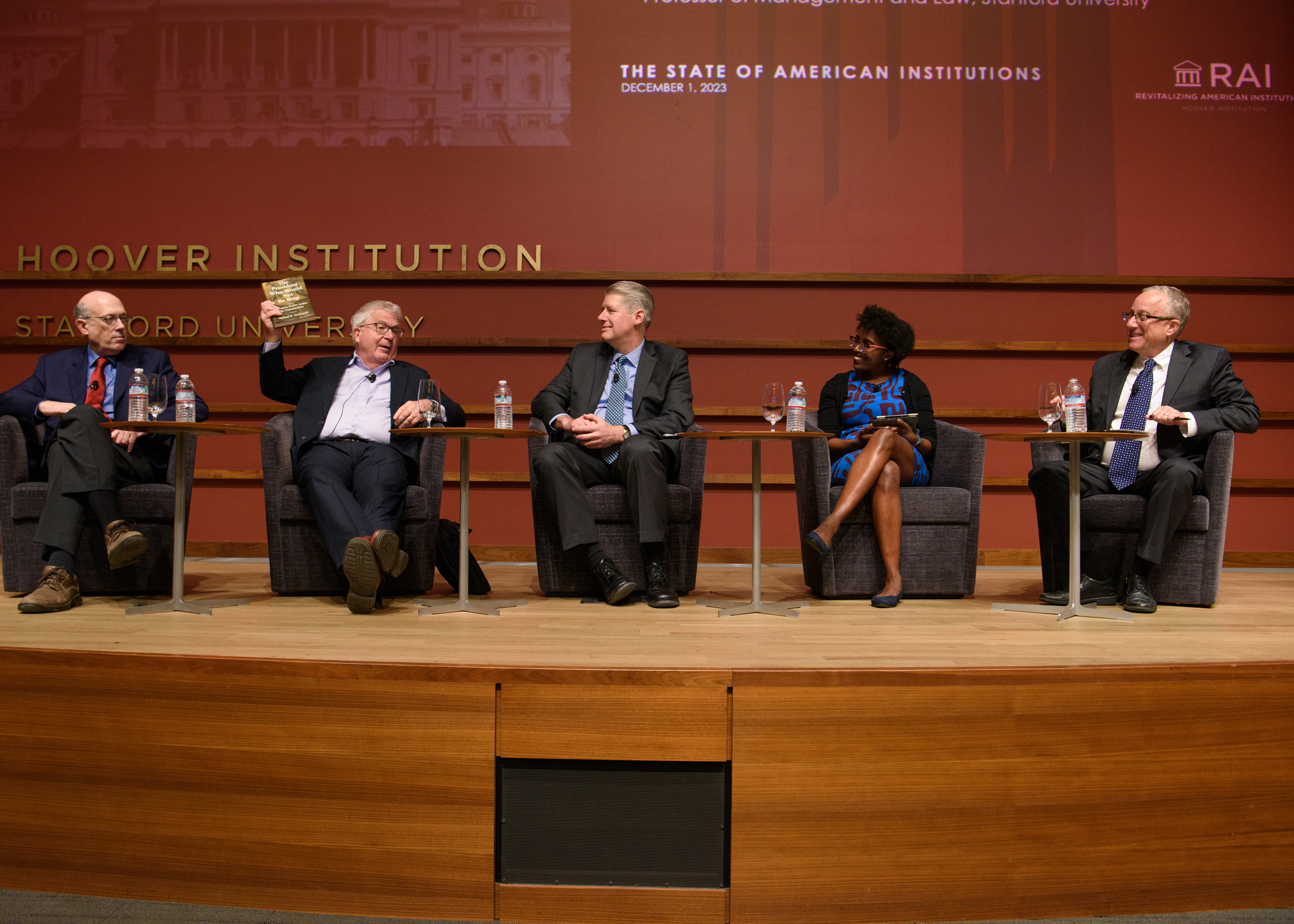 A panel convened on executive power. Left to right: Phil Hamburger, Michael McConnell,  Andrew Rudalevige, Sharece Thrower, and Daniel Kessler. (Patrick Beaudouin, 2023)