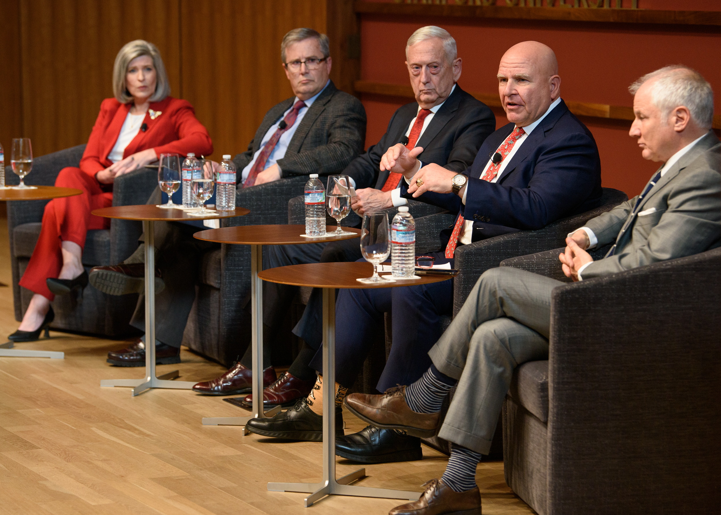 A pane convened on revitalizing trust in the US military. Left to right: Joni Ernst, Peter Feaver, Jim Mattis, H.R. McMaster, and Stephen Kotkin. (Patrick Beaudouin, 2023)