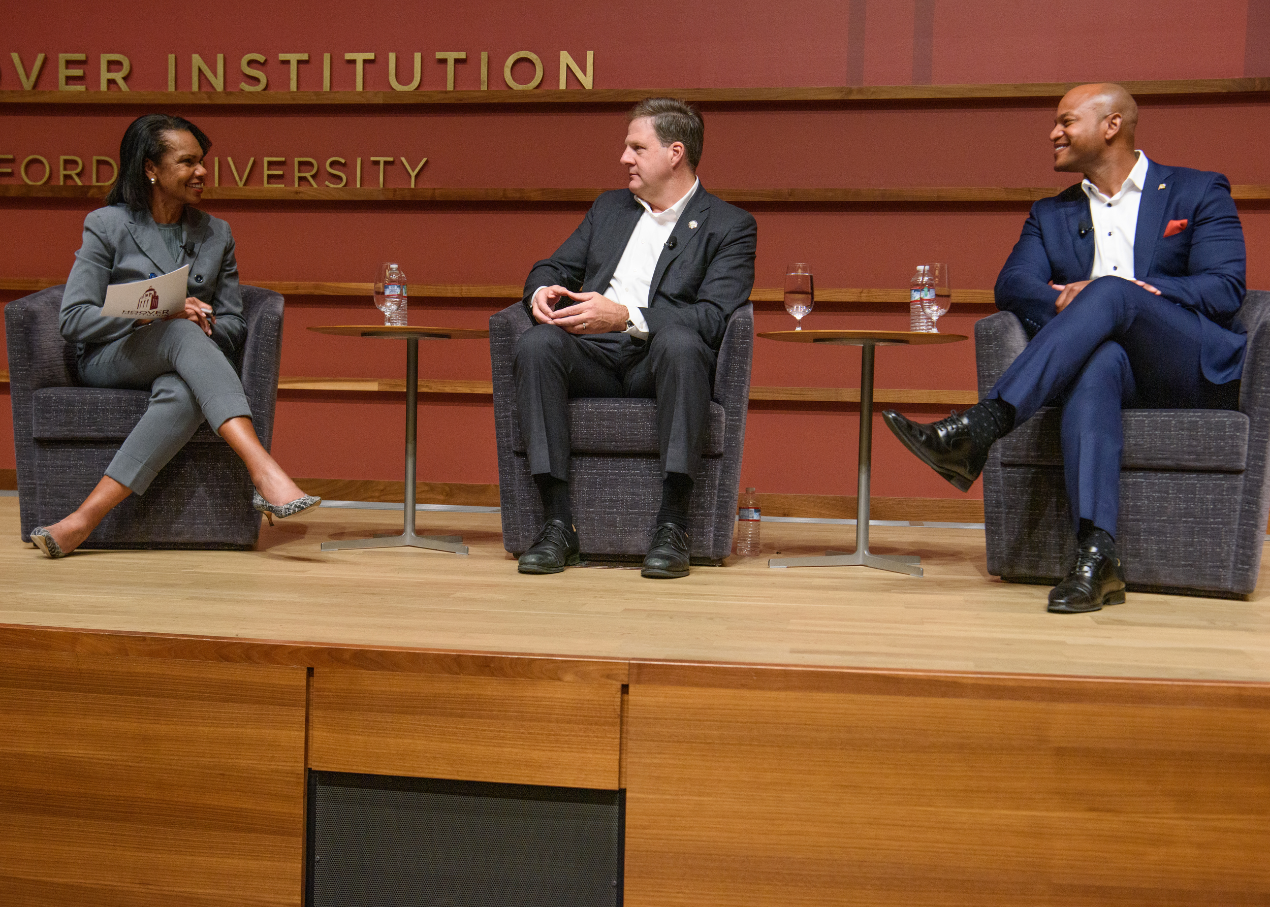Conversation on governing in a polarized era. Left to right: Condoleezza Rice, Governor Chris Sununu (New Hampshire), and Governor Wes Moore (Massachusetts) (Patrick Beaudoin, 2023).