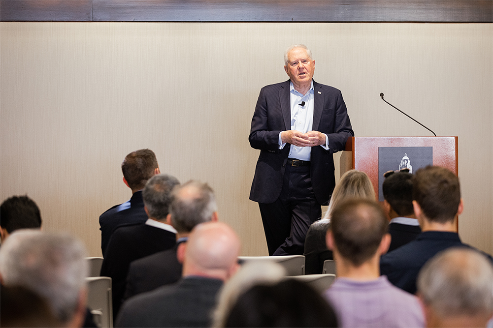 US Air Force secretary Frank Kendall speaks to students and academics in Stauffer Auditorium at the Hoover Institution on May 21.