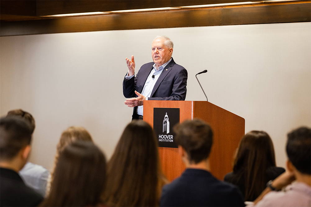US Air Force secretary Frank Kendall speaks to students and academics in Stauffer Auditorium at the Hoover Institution on May 21.