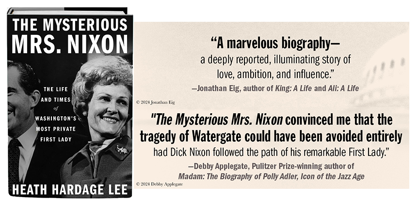 book cover and reviews for "The Mysterious Mrs. Nixon" by Heath Hardage Lee