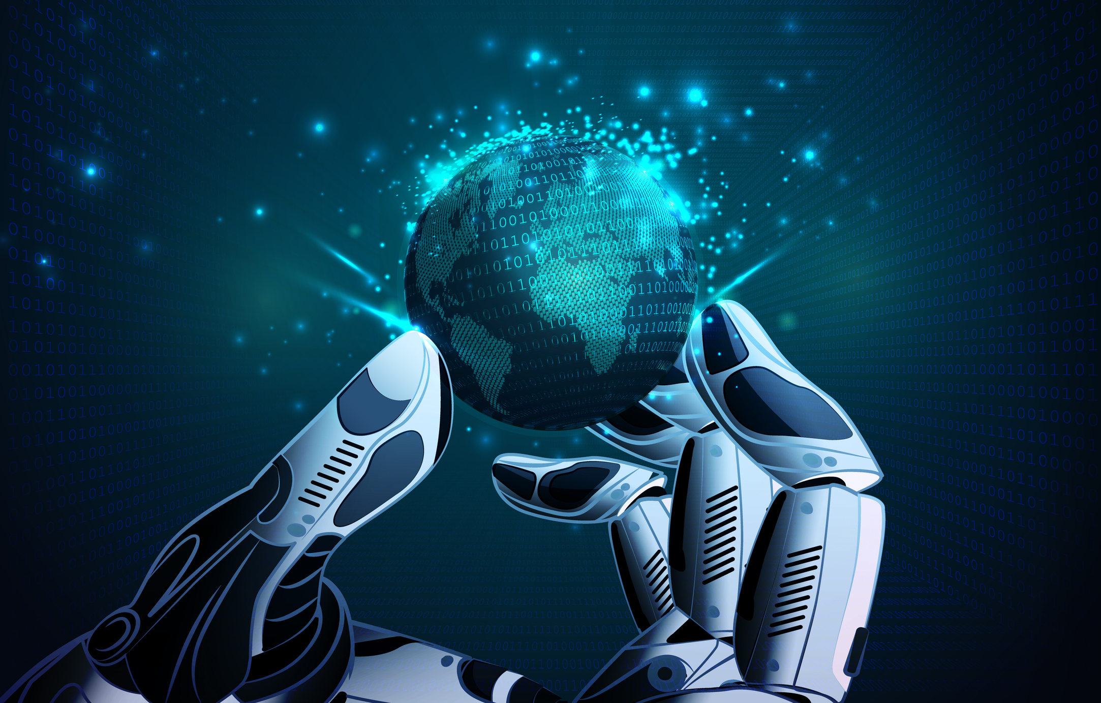 Robotic Hand Holding Virtual Globe stock illustration