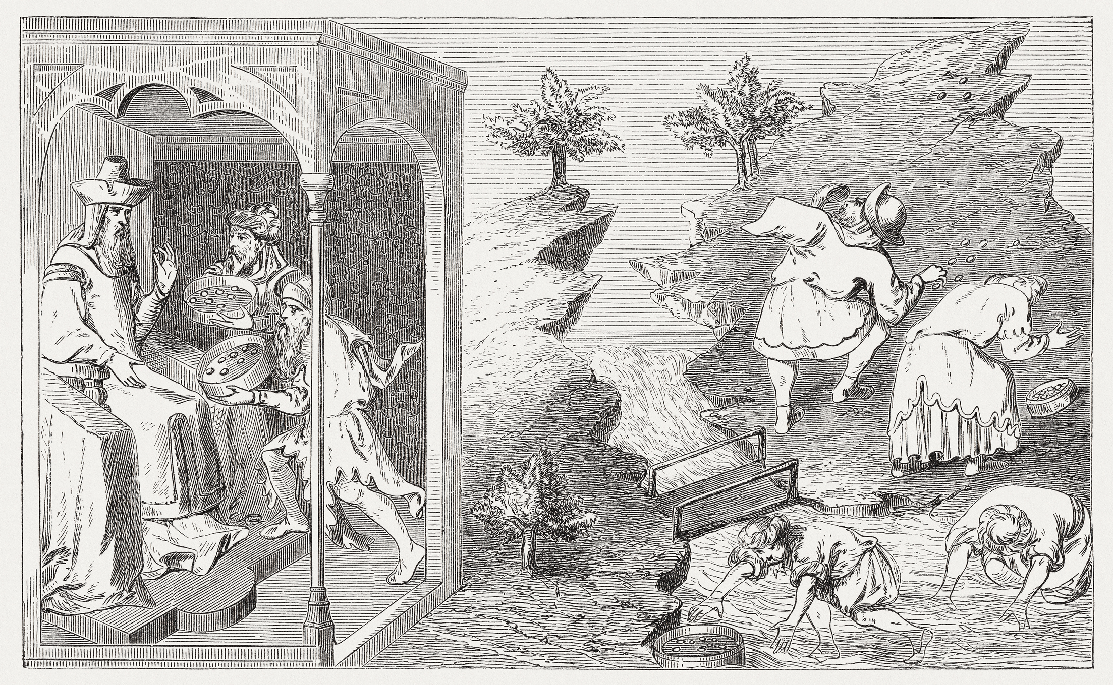 Kublai Khan (1216-1294) and pearl fishers, wood engraving, published in 1888 stock illustration