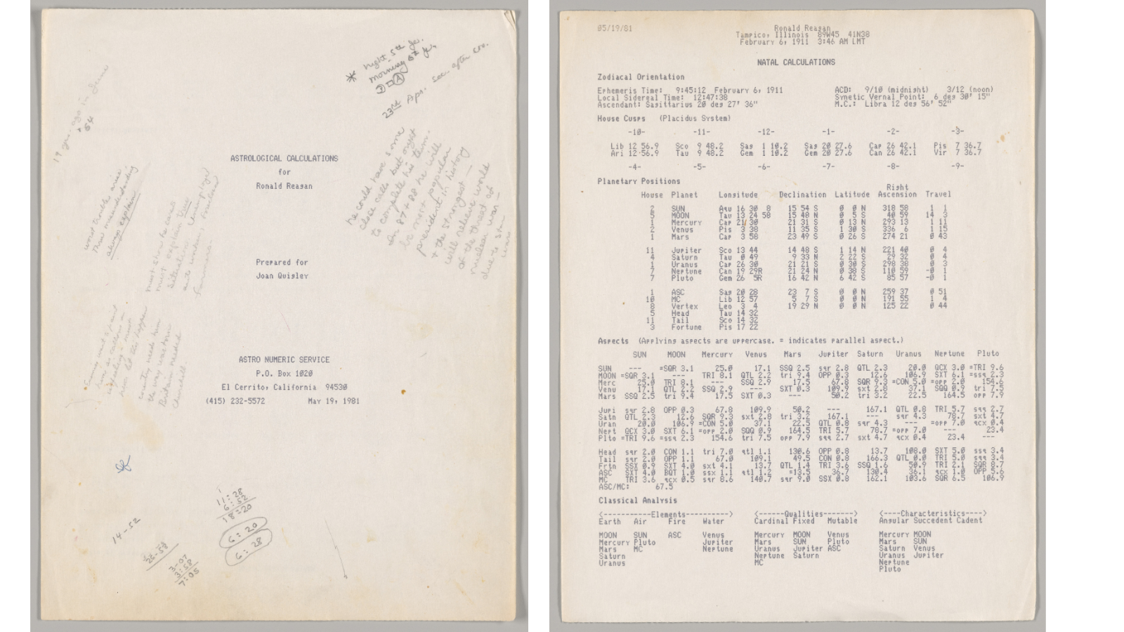 Joan Quigley Notes for Ronal Reagan