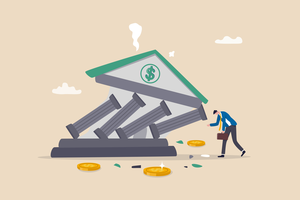 Banking collapse or bank run, financial crisis or bankruptcy problem, stock market crash or credit risk, failure or investment failure concept, frustrated businessman look at collapsing bank building. stock illustration