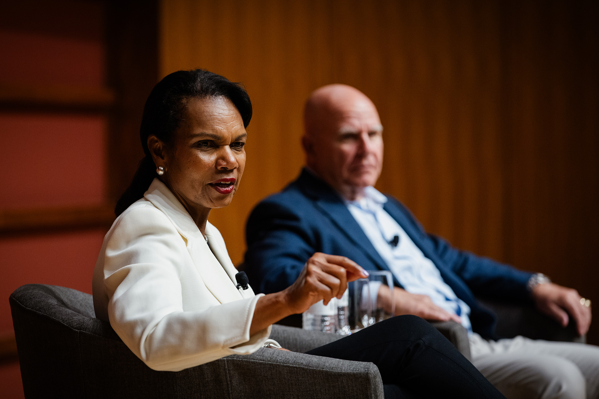 Hoover Institution Director Condoleezza Rice and Senior Fellow H.R. McMaster speak about America’s role in emerging the new world order in Hauck Auditorium on July 9, 2025. (Patrick Beaudouin)