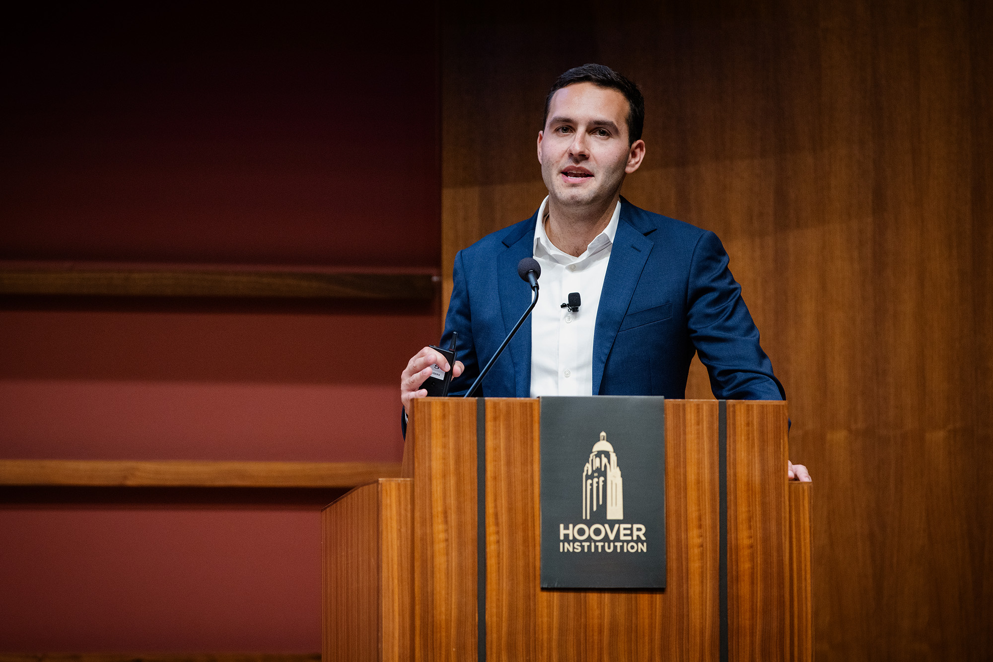 Hoover Fellow Jacob D. Light speaks about the future of US higher education in Hauck Auditorium on July 9, 2025. (Patrick Beaudouin)
