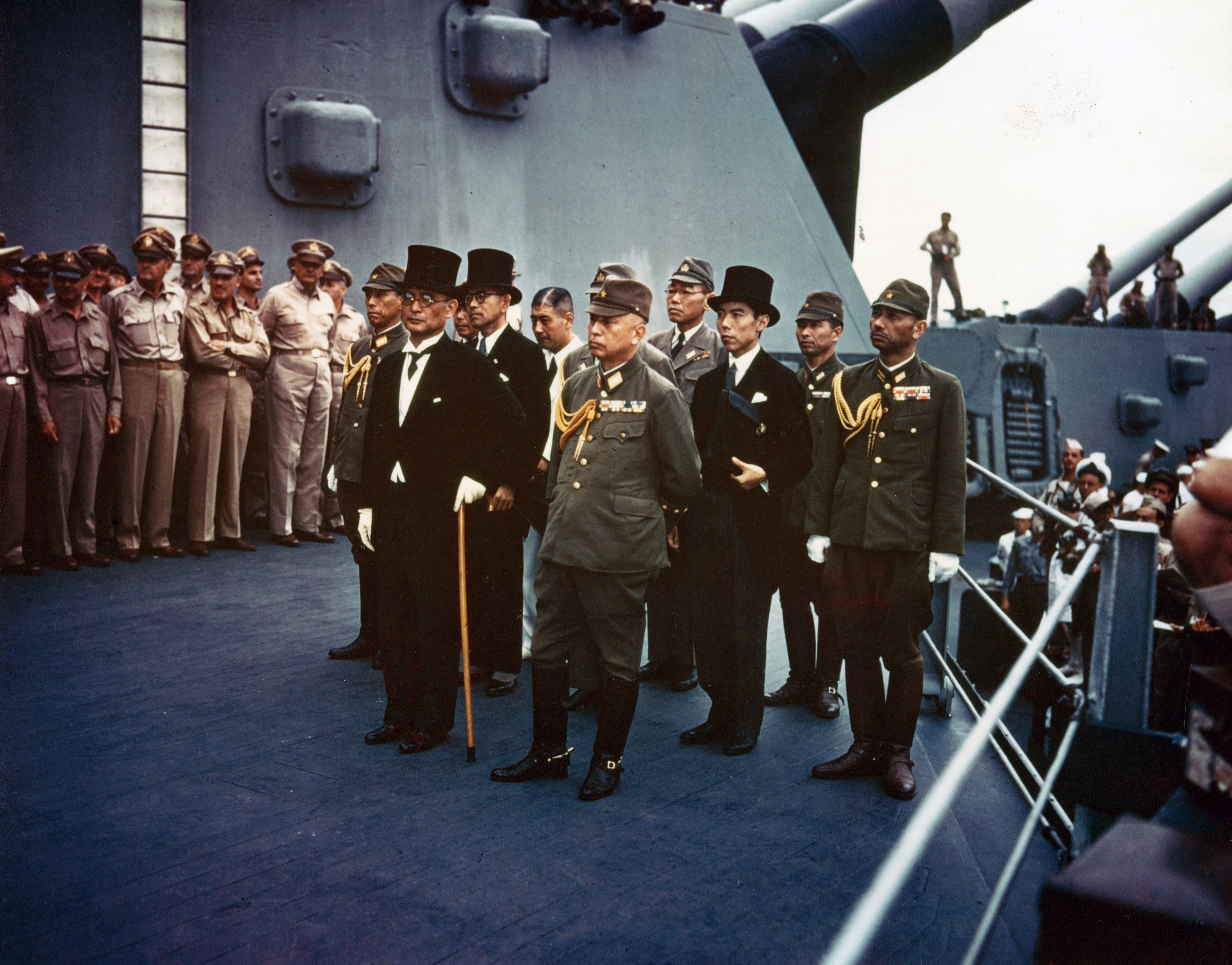The surrender of Japan ceremony takes place aboard the battleship USS Missouri in Tokyo Bay, Japan, Sept. 2, 1945. Credit: Army VIRIN: 450902-O-ZZ999-001C