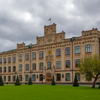 Scenic view of Historical building of the Kiev Polytechnic University Igor Sikorsky. Park in front of the main building of KPI stock photo