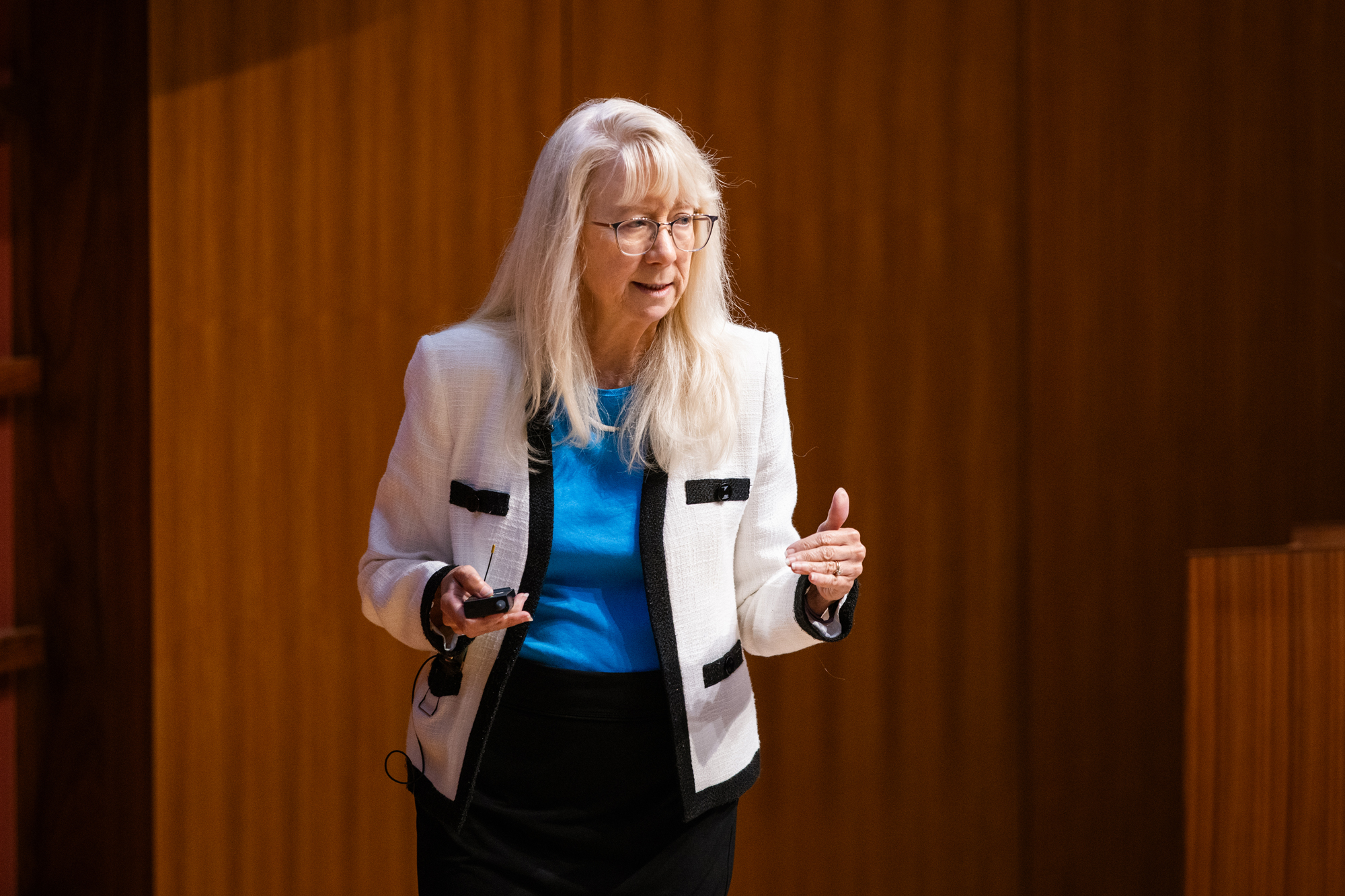 Senior Fellow Valerie Ramey speaks about Keynesian fiscal policy in Hauck Auditorium on August 11, 2025.