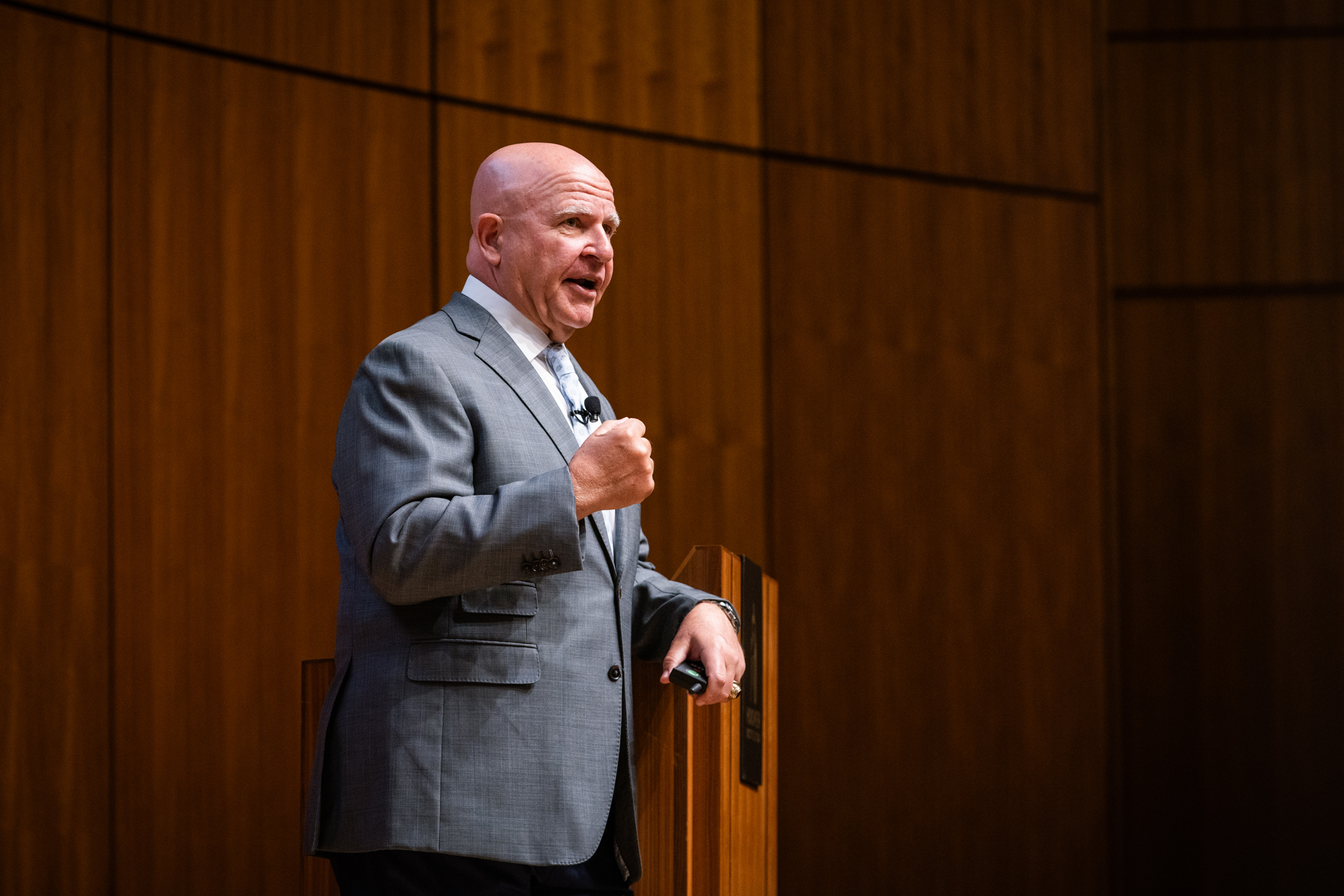 Senior Fellow H.R. McMaster speaks about countering the global “axis of aggressors” in Hauck Auditorium on August 13, 2025. (Patrick Beaudouin)