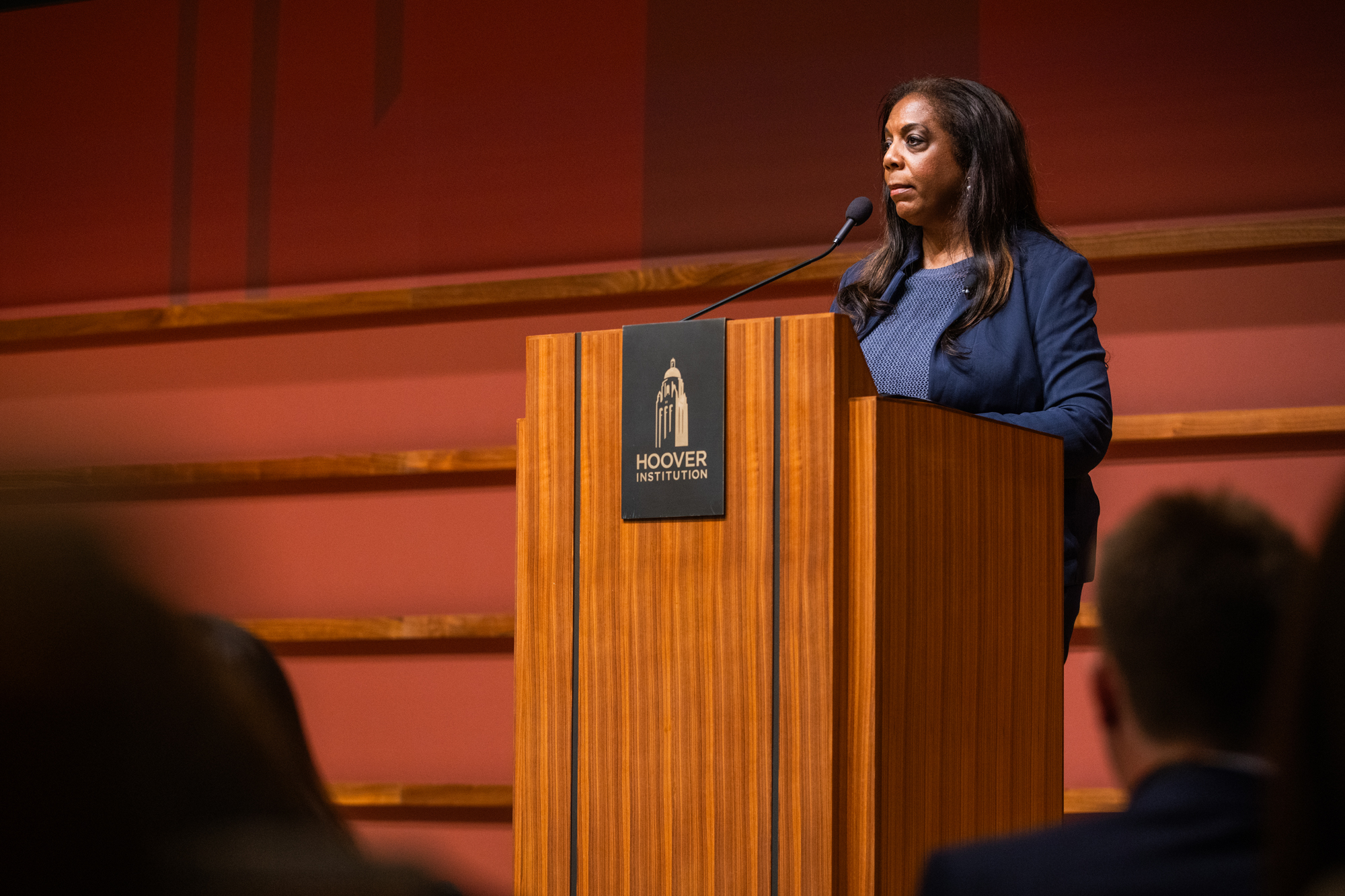 Research Fellow Kiron K. Skinner speaks about Trump foreign policy in Hauck Auditorium on August 13, 2025. (Patrick Beaudouin)