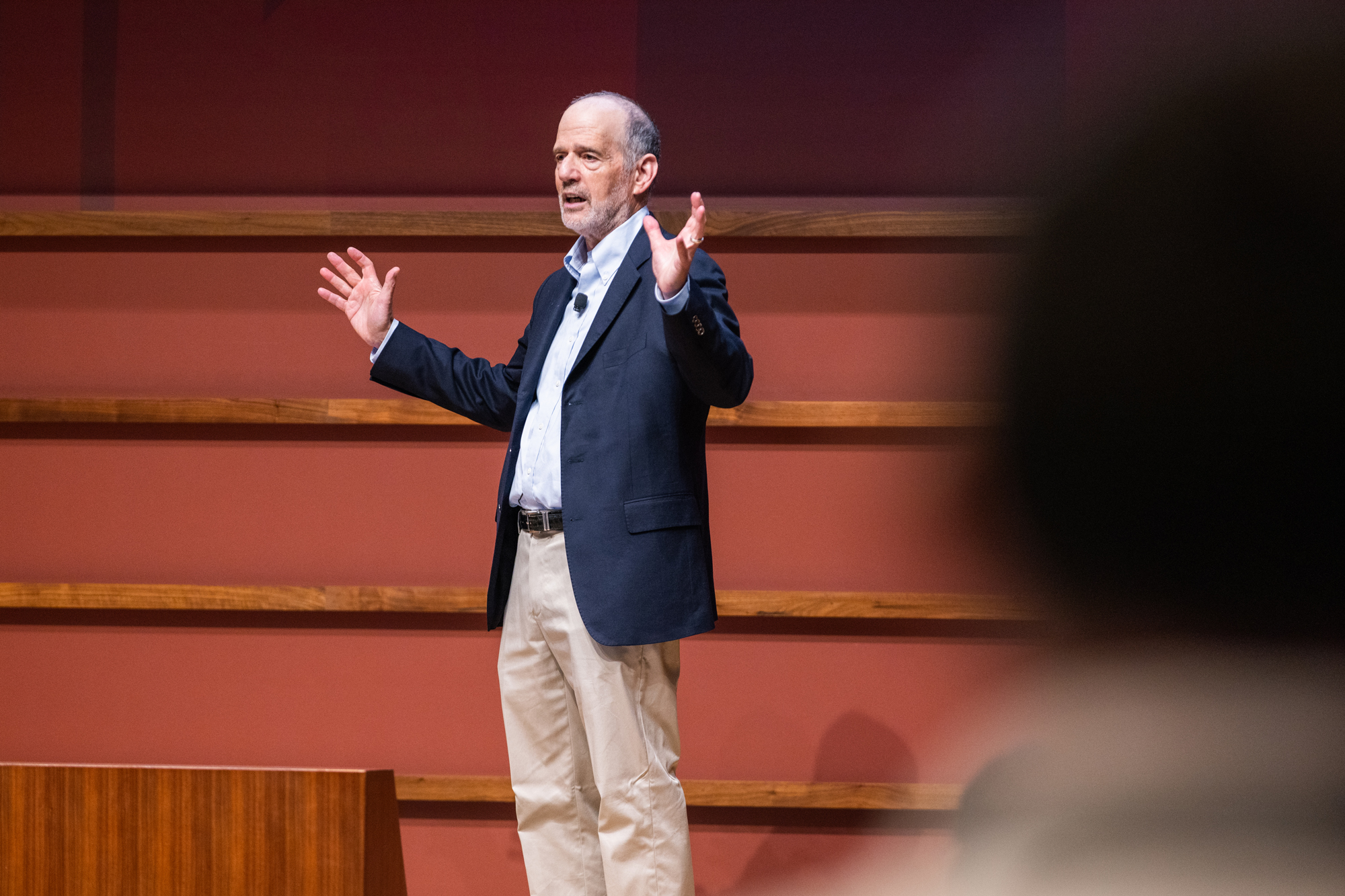 Senior Fellow Barry Strauss speaks about the history of Israel and Palestine in Hauck Auditorium on August 14, 2025. (Patrick Beaudouin)