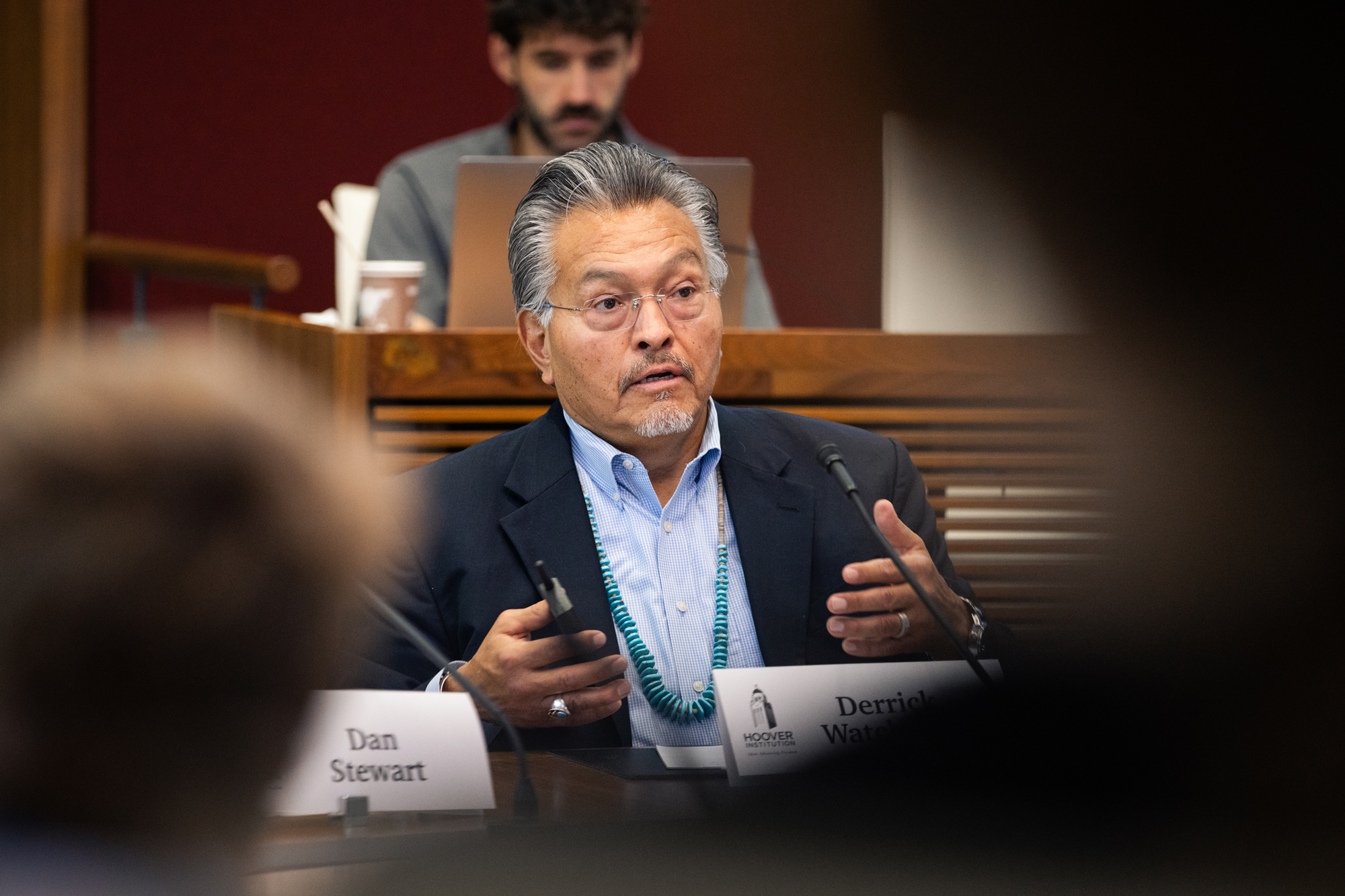 Derrick Watchman of the Navajo Nation speaks about priorities for tribal development at the Hoover Institution Indigenous Student Seminar on August 7, 2025. (Patrick Beaudouin)