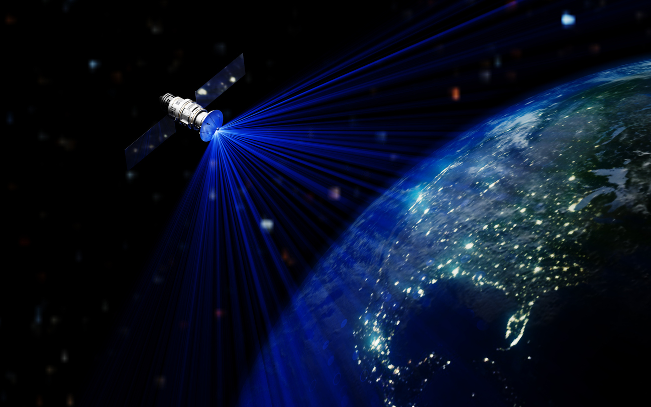Satellite In Space Station Orbiting Earth stock photo