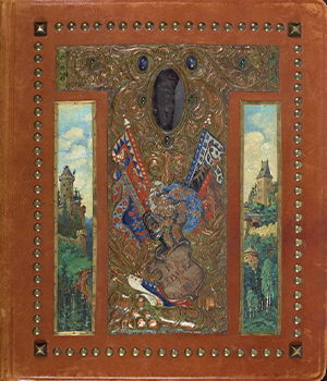 leather photograph album cover with painting, metalwork and jewels