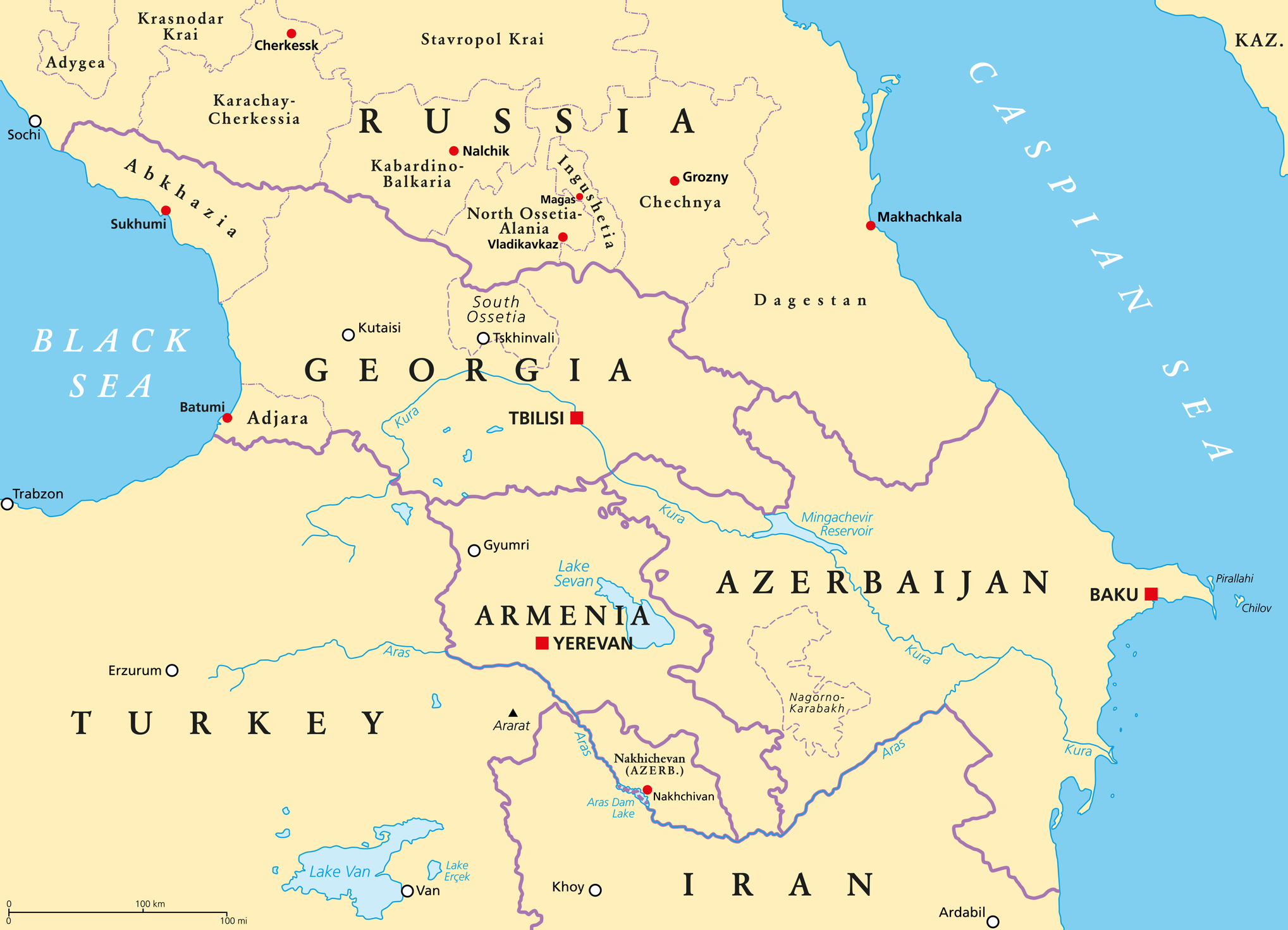 The Caucasus, or Caucasia, political map stock illustration