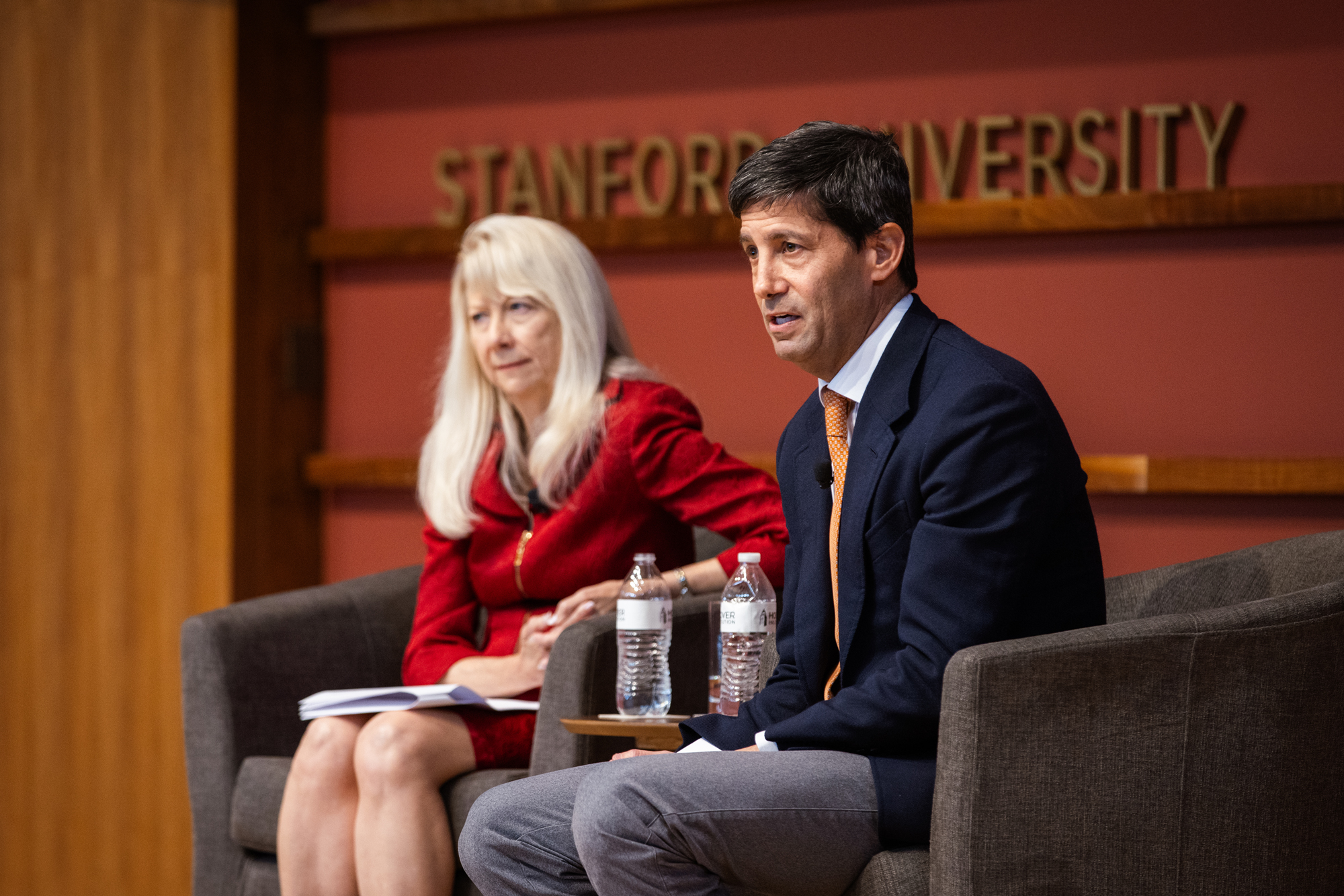 Hoover fellows Valerie Ramey and Kevin Warsh speak in Hauck Auditorium on October 9, 2025. (Patrick Beaudouin)