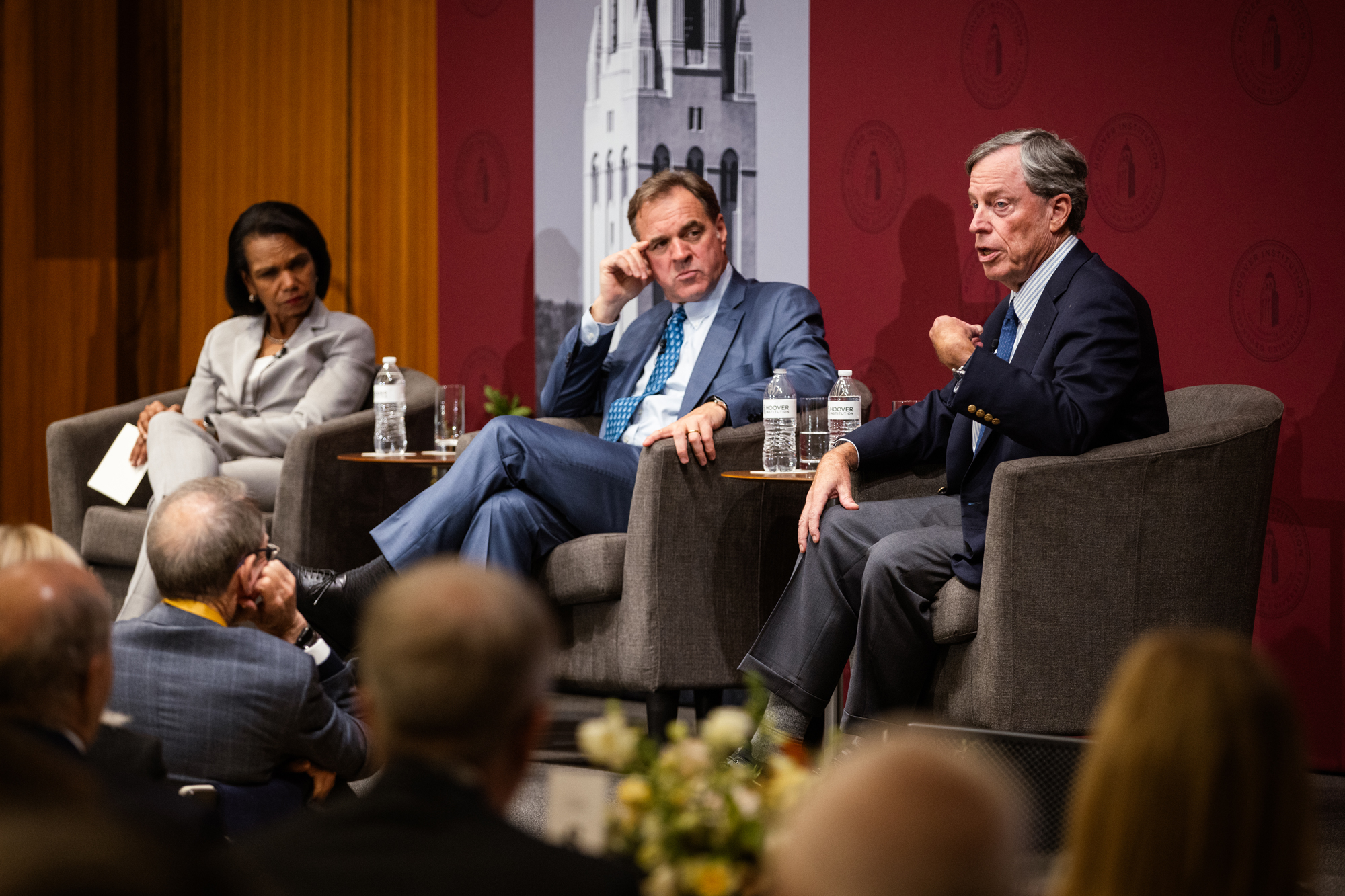 Hoover Institution Director Condoleezza Rice, Senior Fellow Niall Ferguson, and Senior Fellow Philip Zelikow discuss the future of the international order in Blount Hall on October 9, 2025. (Patrick Beaudouin)