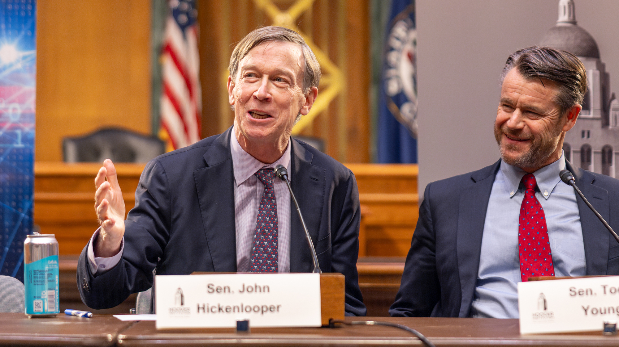 Senators John Hickenlooper and Todd Young speak at the launch of the Stanford Emerging Technology Review on Capitol Hill on February 25, 2025. (DMV Productions)